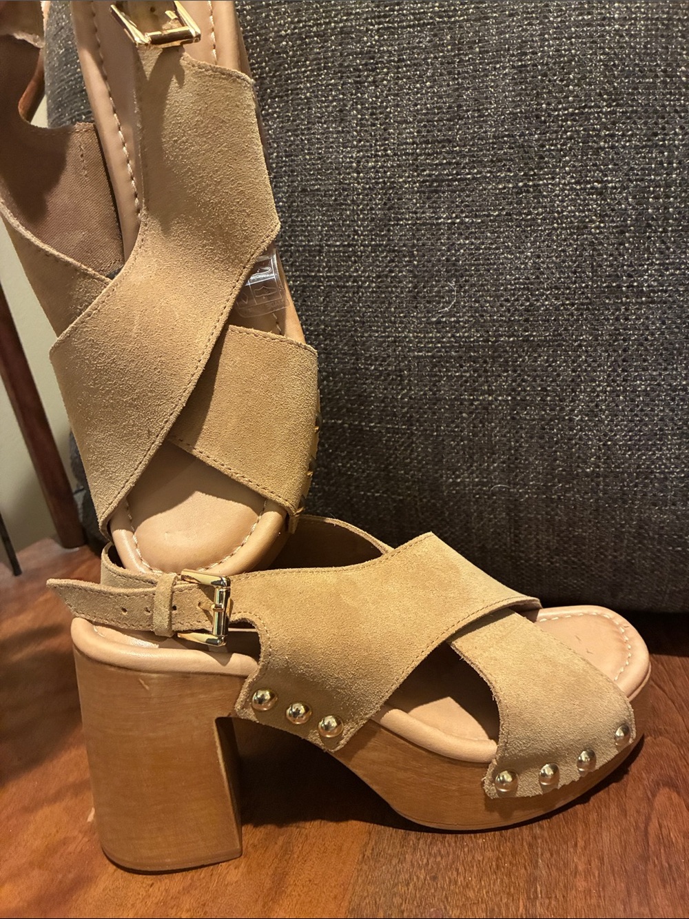 Anthropologie Tan Suede Platform Sandals with Gold Studs